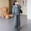 Moda Gestante outono e inverno novo conjunto de tricô com capuz gola de renda cardigã com zíper calça pantalona conjunto de duas peças cobertura da barriga slim fit