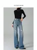 Jeans Feminino Ripped Solto Flare Cintura Alta Estilo Americano Reto 25 Outono Novo Cool Emagrecedor