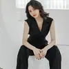 2026 Verano Nuevo Estilo Coreano Elegante Ajustado Cuello de Solapa Ceñido a la Cintura Pantalones de Pierna Ancha Moda Profesional Mono Negro