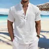 Camisa de verano para hombre europea y americana de color liso transpirable con cuello mao y manga corta, camisa de color liso simple y moderna para hombre