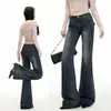 Pantalones Acampanados de Tiro Bajo con Remaches Estilo Retro Americano para Otoño e Invierno, Jeans Versátiles Ligeramente Elásticos, Corte Ajustado (Slim-Fit) para Mujer