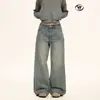 Jeans Lavados Azules Estilo Retro Americano Yongfang para Hombres y Mujeres, Versátiles de Corte Holgado, Textura Irregular Desgastada, Pantalones de Pierna Ancha Rectos con Caída