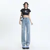 Jeans retro azul claro rasgado para mulheres 2024 Verão novo cintura alta emagrecedor perna reta estreita solta perna larga calças