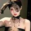 Faixa de cabeça com véu de renda preto de meia-face, acessório de fantasia de Halloween, adereço de cosplay para festa, estilo Y2K, cria um visual cool e ousado