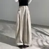 Calça casual de algodão e linho de perna larga com cintura alta, bolsos plissados estilo coreano para mulheres, nova calça de verão com cordão, corte solto, perna curva, versátil