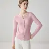 Cardigan estiloso de malha 100% cashmere com gola V canelado, manga longa, corte justo, para mulheres, casaco de outono, casaco curto para mulheres baixinhas