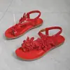 Sandálias rasteirinhas plus size transfronteiriças para mulheres, estilo boho de verão com decorações florais, chinelo com tira elástica para dedo, sandálias casuais de praia
