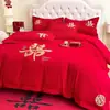 Juego de Bordado para Boda de Cuatro Piezas Rojo Algodón Amigable con la Piel Sábana Funda Nórdica Boda China Casa Nueva Colcha Auspiciosa Ropa de Cama para Boda