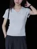 Camiseta de Manga Corta Estilo Retro para Viajeros para Mujer, Verano Ajustada con Cuello en V, Suéter Gris, Top Sencillo de Punto de Verano