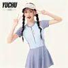 2026 Novo Maiô Peça Única com Saia Color Block de Manga Curta Estilo Esportivo Feminino Simples para Praia Resort de Águas Termais Roupa de Banho Casual