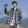 Camisa xadrez estilo americano, nova coleção primavera/outono, camisa de manga comprida moderna com gola alta, peça de outer wear masculina de corte solto