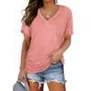 Camiseta feminina de manga curta com gola V, cor sólida, manga morcego, franzido lateral, 2025, moda europeia e americana transfronteiriça, novo produto de comércio exterior da Amazon