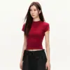 Camiseta Roja de Manga Corta Estilo Americano para Mujer, Verano, Hombro Normal, Corte Ajustado a la Cintura, Color Sólido, Fabricante Modelo de Comercio Exterior