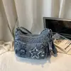 Bolsa de ombro retrô em jeans, estilo descontraído e casual, bolsa transversal com estampa de estrelas retrô americana, perfeita para estudantes e para escapadas de fim de semana