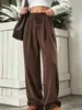 Pantalones Casuales de Pana Europeos y Americanos Transfronterizos para Mujer Elásticos con Cordón Cintura Media Caída Pierna Recta Multicolores Casuales Largos