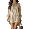 2026 Transfronterizo Amazon Europeo y Americano Algodón Lino Vestido de Manga Larga Camisa de Botones Vestido Delgado Abertura Casual Ajuste Holgado