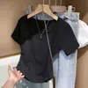 Comercio exterior al por mayor transfronterizo verano algodón con textura cuello cuadrado hombros descubiertos manga corta camiseta mujer corte ajustado corta color liso top básico