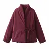 Moda outono e inverno novo casaco acolchoado de algodão com lapelas duplas, casaco estilo kimono, casaco de laço de nicho feminino transfronteiriço Amazon
