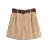 Comércio Exterior Atacado Moda Europeia e Americana Simples Cor Sólida Manga Curta Camisa + Shorts Casuais com Cinto Conjunto para Mulheres