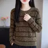 Suéter tejido a rayas hueco de estilo retro casual para mujer, cuello redondo, corte holgado, manga larga, suéter fino, nuevo top de principios de otoño, moderno
