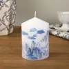 Velas cilíndricas estampadas estilo porcelana azul y blanca, creativas, para uso en el hogar, velas decorativas sin humo para bodas y cenas a la luz de las velas
