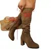 Botas femininas longas estilo western com estampa de leopardo, salto grosso, tamanho grande, que vão acima do joelho, novas para outono e inverno, vintage, plissadas, de cano alto, para montaria