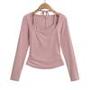 Camiseta de manga larga con cuello colgante para mujer, estilo sexy de otoño, de dos piezas, con cordones, ajustada, elástica y colorida, con base plisada lateral.