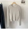 Suéter Básico de Malha Trançada de Manga Longa com Gola Redonda de Cor Sólida para Mulheres Outono Inverno Versátil Curto Cropped Cintura Marcada Emagrecedor Roupa de Baixo Pulôver