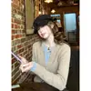 Jaqueta cardigan de tricô de manga longa com efeito duas peças estilo coreano para mulheres, uma peça de outer wear solta muito estilosa e bonita para o outono