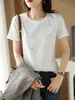 Camiseta feminina de algodão mercerizado com strass em formato de estrela, gola redonda, cor sólida, corte slim, modelagem que emagrece, para o dia a dia, primavera e verão, nova