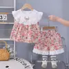 Conjunto de Verão para Meninas 2026 Novo Estilo Roupas de Verão para Bebês e Crianças Conjunto Elegante de Duas Peças com Estampa Floral e Manga Curta