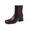 Botas de Couro com Salto Grosso 5CM Femininas Botas Simples Outono Inverno Novo Bico Redondo Zíper Lateral Salto Médio Botas da Moda Botas Curtas Femininas 40
