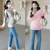 Ropa de Maternidad Estilo de Venta Caliente Otoño e Invierno: Top Redondo con Paneles de Color Cosidos Térmicamente, Corte Holgado para Cubrir el Vientre Sin Mostrar el Embarazo, Camiseta de Moda