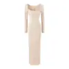 Vestido slip longo estilo europeu e americano inspirado nas Kardashian com aplicação de renda, conjunto de duas peças, acinturado, fenda, vestido justo ao corpo