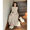 Otoño/Invierno Nuevo Estilo Coreano Chal Manga Larga Tejido de Punto Media Parte Falda Larga Adelgazante Atuendo de Temperamento Suéter Conjunto de Dos Piezas