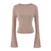 Top de punto de color liso, cuello redondo, manga larga, estilo americano de alta gama, simple, para el otoño de 2026, top chic y moderno de corte ajustado para chicas a la moda