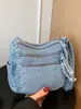 Bolso de Mezclilla Lavado Retro para Mujer Múltiples Bolsillos con Cremallera Almacenamiento Cruzado Bolso Pequeño de Hombro Único de Moda para Salir de Compras