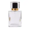 Botella de recarga de perfume transparente de 50ML con tapa de rosca y atomizador, en stock, forma cuadrada plana, tapa de colores, botella de perfume de vidrio, botella vacía
