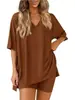 Nuevo conjunto de pijama casual de moda de verano transfronterizo europeo y americano para comercio exterior en Amazon, de color liso, cuello en V, holgado