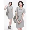 Vestido Gola Polo Canelada 100% Algodão para Mulheres, Camiseta de Comprimento Médio com Manga Curta, Top de Verão com Ajuste na Cintura
