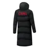Casaco longo acolchoado com 90% de plumas, feito sob medida para uniformes de equipe, adequado para homens e mulheres, com capuz, à prova de vento e impermeável, projetado para treinamento de inverno e aquecimento