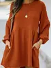 2026 Ropa de Mujer Transfronteriza Otoño e Invierno Estilo Perezoso Acanalado Bolsillo con Hebilla Diagonal Vestido de Manga Larga Color Sólido