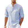 Camisa Masculina de Verão Listrada com Gola Alta e Fechamento Meio Botão, Camiseta Casual Texturizada de Manga Longa, Atacado em Estoque