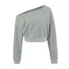 Sudadera con Capucha de Punto Waffle Estilo Europeo Cuello Asimétrico Hombros Descubiertos Manga Larga 2026 Principios de Otoño Holgada Casual Corta Cintura Elástica Camiseta