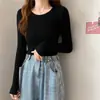 Outono e Inverno Novo Gola Redonda Slim Fit Justo Manga Longa Malha Básica Top Suéter para Mulheres Preto Tamanho Único