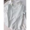 Camiseta de Bloques de Color a Rayas Azules y Blancas para Mujer Verano 2026, Corte Ajustado, Estilo Pure Desire, Cuello Redondo, Top Básico, Hombro Normal, Manga Corta