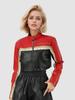 Jaqueta de Couro Feminina Estilo Celebridade da Internet Europeia e Americana, Bloqueio de Cores, Couro PU, Expondo a Cintura, Cool e Estilosa, Estilo Biker Hot Girl, Em Estoque, Design Personalizado
