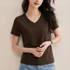 Camiseta Macia e Amiga da Pele em Lã Tencel, Decote V, Caimento Ajustado, Manga Curta, para Mulheres, Estilo Verão, Expondo a Clavícula, Top com Ombro Normal