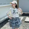 Conjunto de Verano para Niñas 2026 Nuevo Verano Estilo Academia Infantil Camisa Polo Top de Manga Corta Falda de Tartán a Cuadros para Niñas
