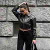 11806 Chaqueta Corta de Cuero PU Estilo Callejero Europeo y Americano para Mujer, Cintura Ceñida Cropped Ajustada Solapa Cremallera Chaqueta Versátil